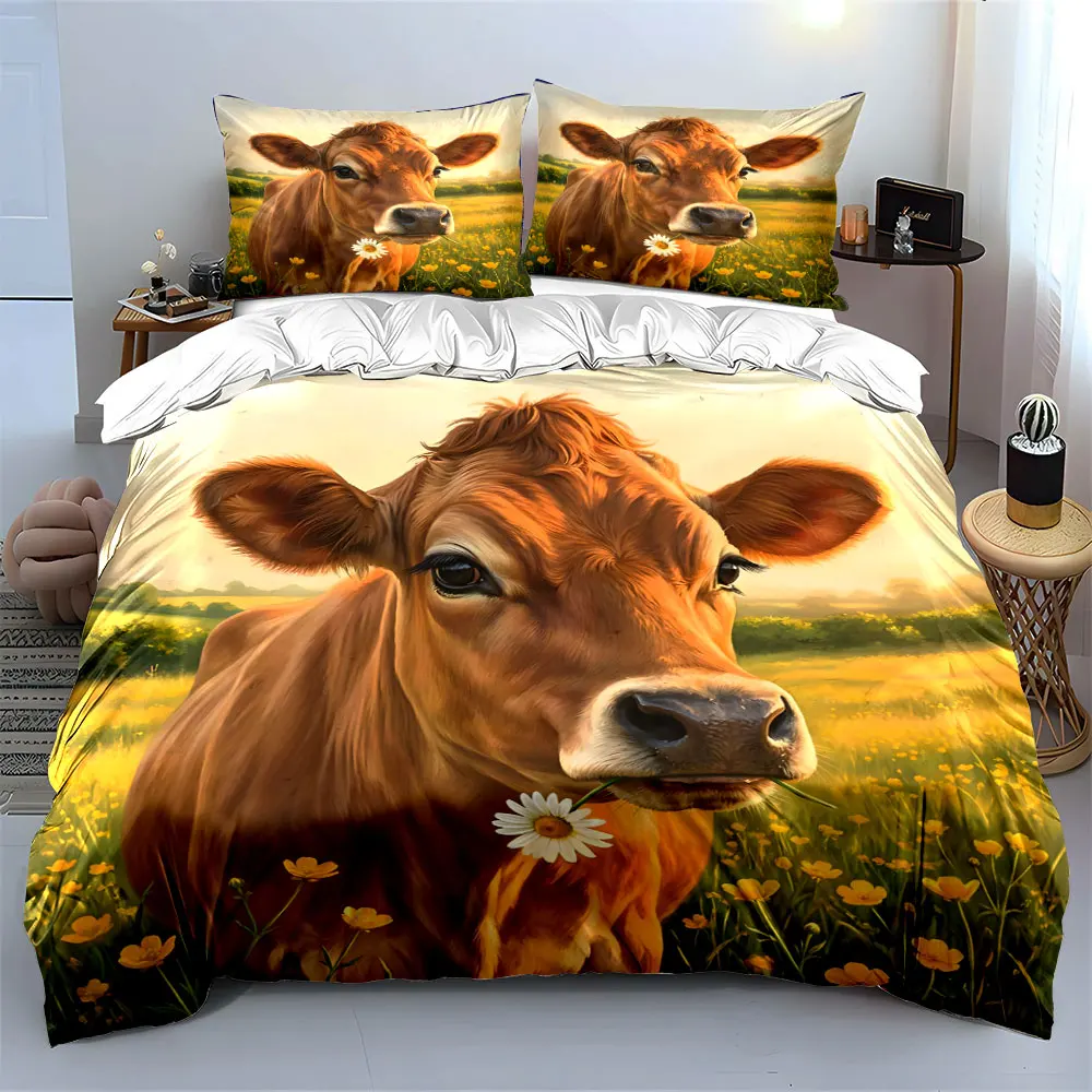 Cow with daisy in flower field Print Soft Comfortable Duvet Cover Bedding Set Included 1*Duvet Cover  2*Pillowcases Luxury Gif
