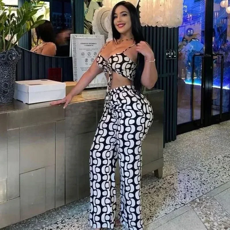 Black White Print 2 Piece Outfit Set Women Clubwear Vacation Spaghetti Strap Lace-up Crop Top and Wide Leg Pants Matching Sets