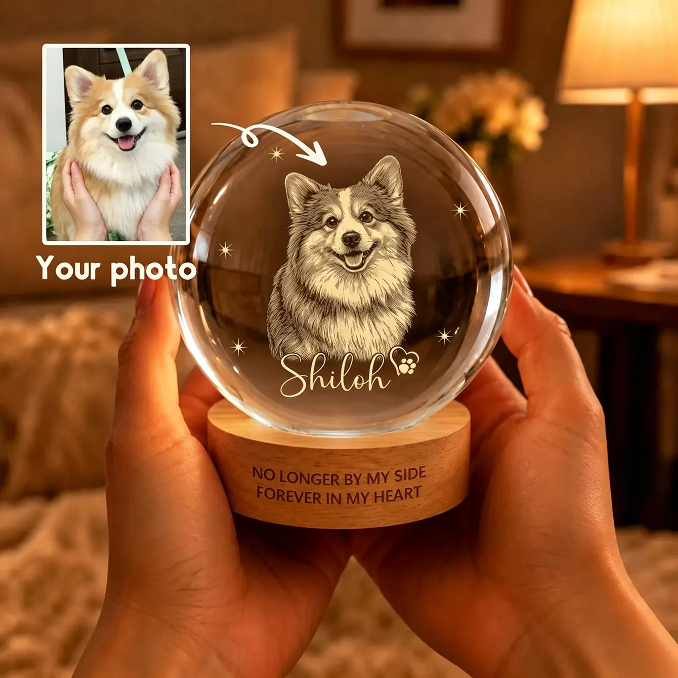 Personalized pet memorial crystal ball with name, dog pet portrait, pet loss crystal ball, customizable with photos and text, pet memorial gift, suitable for dogs and cats, personalized pet memorial crystal ball, pet portrait crystal ball, pet loss commemorative keepsake, gift for pet lovers, cat and dog memorial gift, home decoration, holiday gift