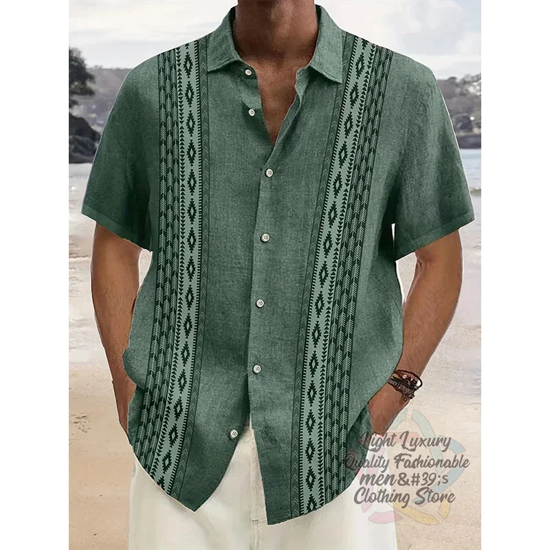 Men's shirts, linen summer casual beach vacations, men's short-sleeved shirts, fashionable striped print short-sleeved tops