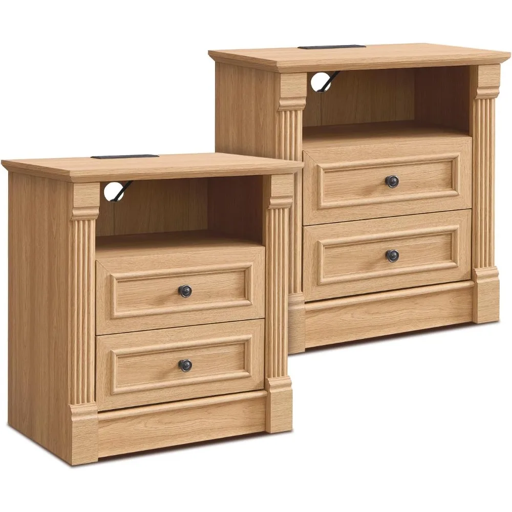 Pair of 26-Inch Tall Farmhouse Style Nightstands with Dual Drawers and Charging Station, 23.6-Inch Wide, Featuring Roman Column