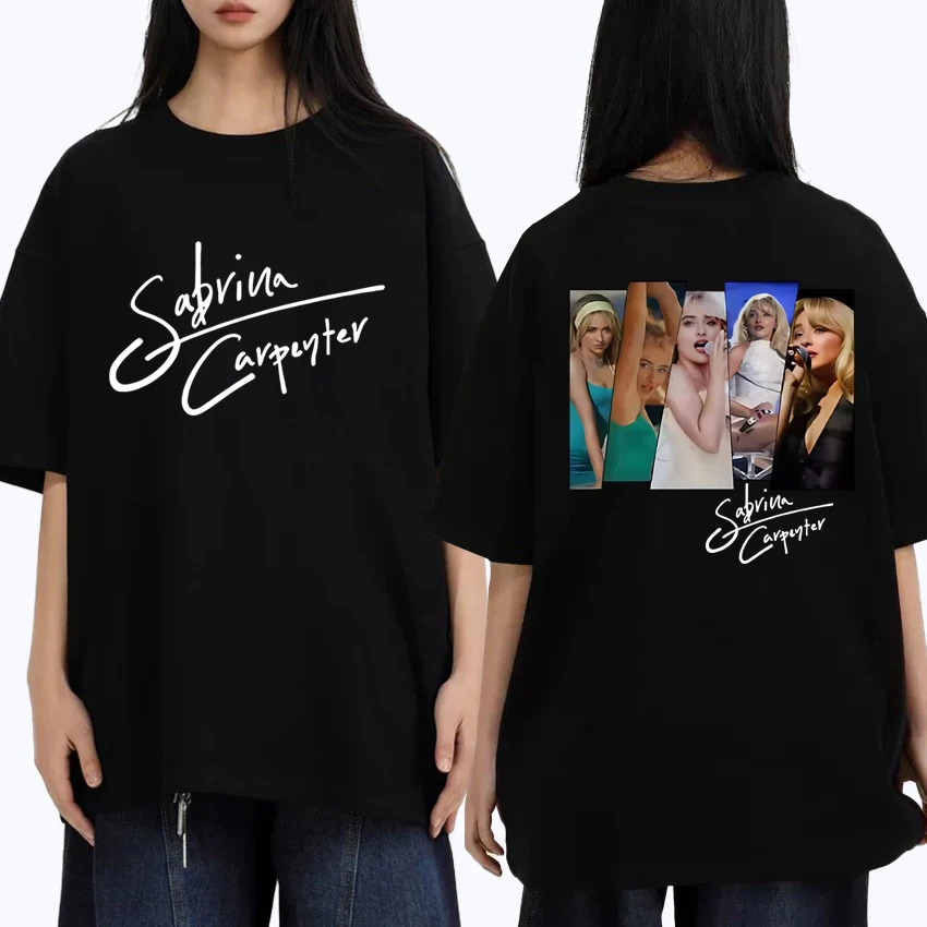 

Singer Sabrina Carpenter World Tour 2025 Double Sided printed T shirt Men Women Fashion short sleeve T-shirts Unisex Cotton Tops