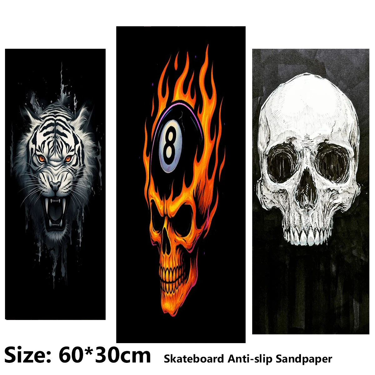 Electric Scooter Anti-slip Sticker Sandpaper Skateboard GripTape Sheet 60*30cm White Tiger 8-ball Skull Pattern