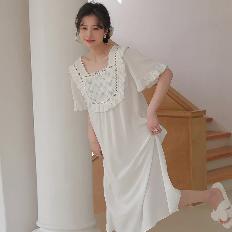 

Pure Cotton Women Summer Vintage Night Dress Sweet Short Sleeve Ruffles Nightgown Fairy Long Nightdress Solid Color Nightwear