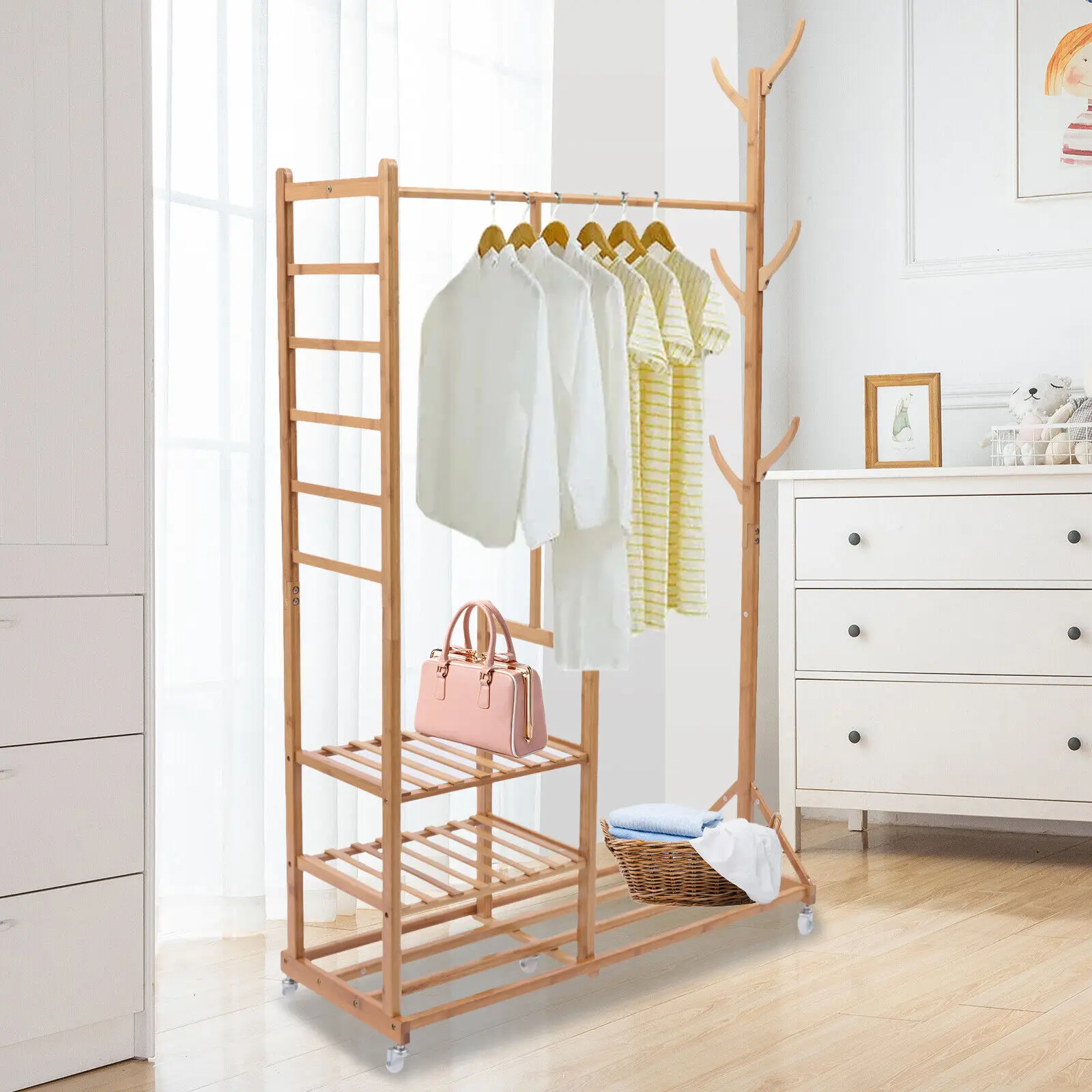 3 Tier Clothes and Hat Rack Bamboo Log Garment Shelves Storage Organizer Movable