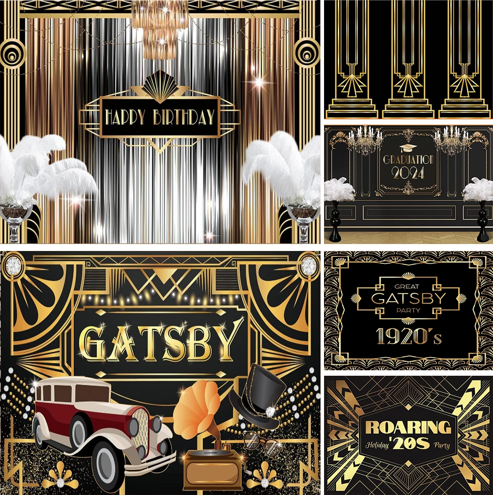 The Great Gatsby Theme Birthday Backdrop Roaring 20s Retro 1920s Background for Adults Women Men Black Gold Art Event Party