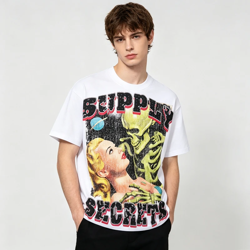 Space Skull Astronaut Grafik T-Shirt Herren Strass-Nieten-Verzierung Übergroßes Sommer Y2K Streetwear Baumwoll-Rundhals-T-Shirt – Detail 3