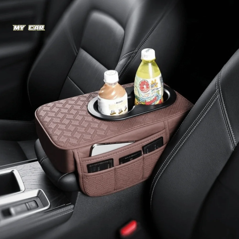 

Универсальный чехол для подлокотника автомобиля с 2 боковыми карманами, 2 подстаканниками, подушкой для центральной консоли, из искусственной кожи, для хранения вещей