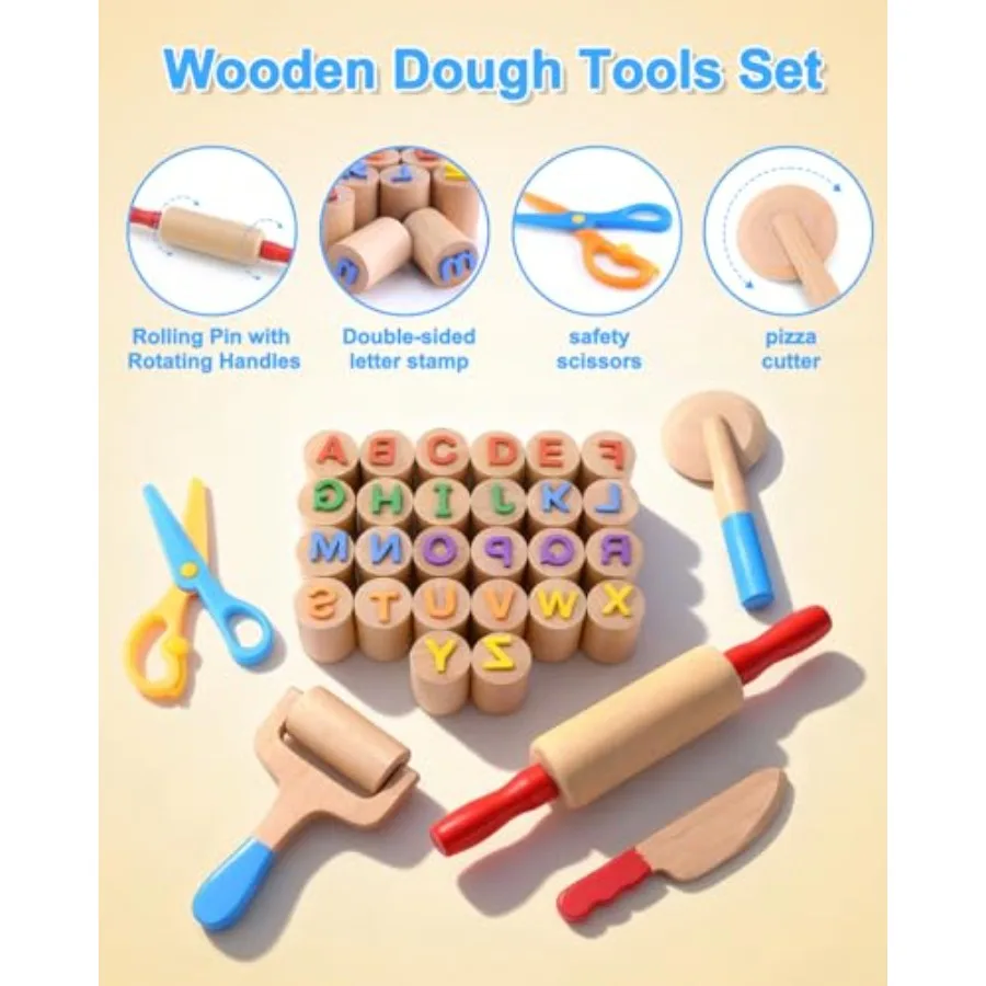 Wooden Dough Tools Kit for,Dough Accories with Rolling Pins, Pizza Cutter, Safety Scissors and 26 Letter Stamps, Educational Al
