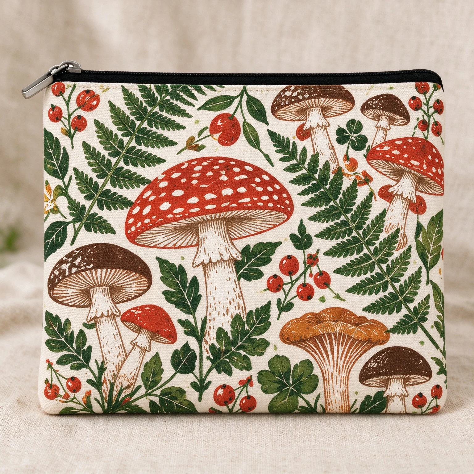 Vintage Mushroom Fern Zipper Pouch, Canvas Makeup Bag, Retro Botanical Print Cosmetic Organizer for Travel Storage Gift