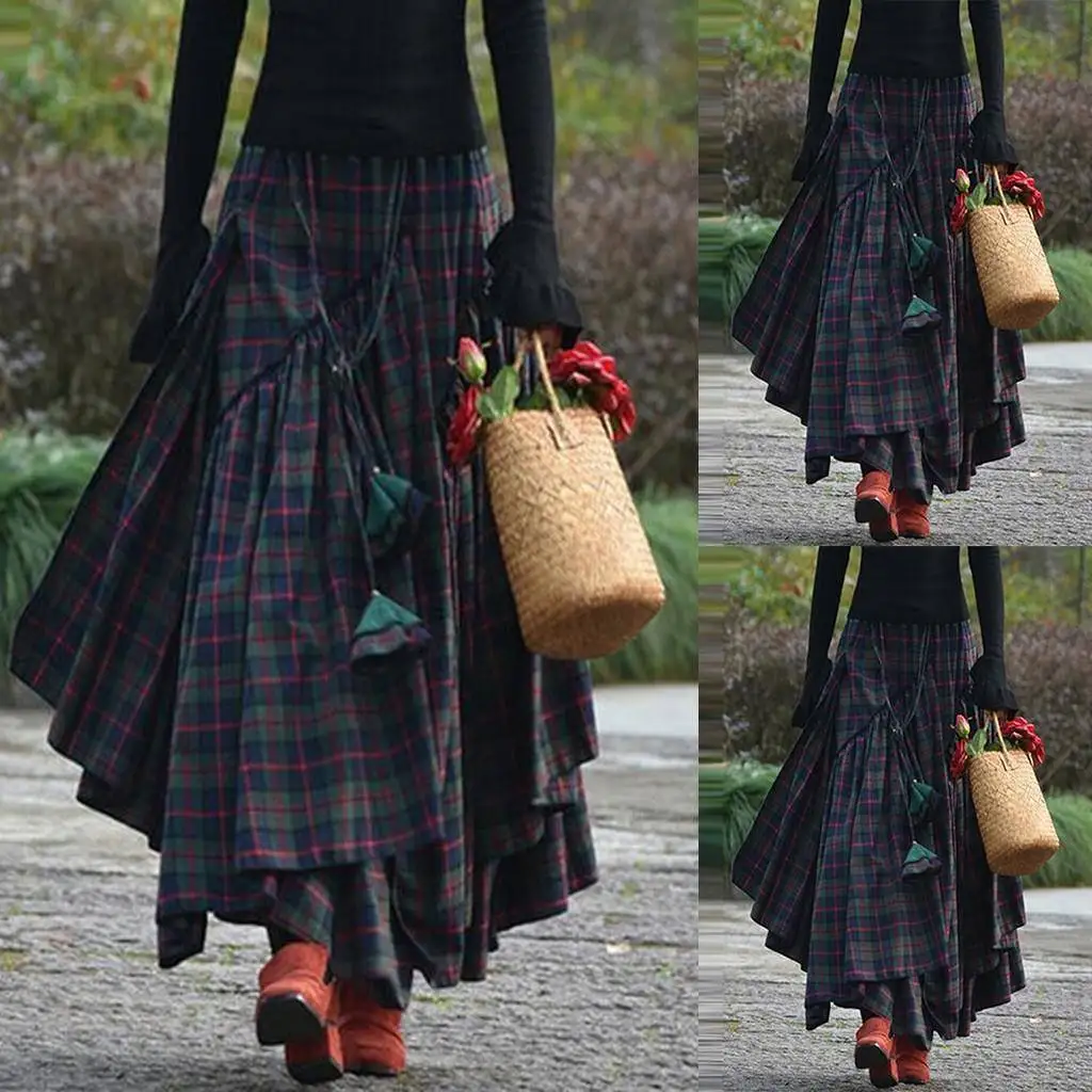 

Irregular Plaid Stitching Long Skirt High Waist Street Sle f Body Skirt for 8-24 Years Old Women Summer Season