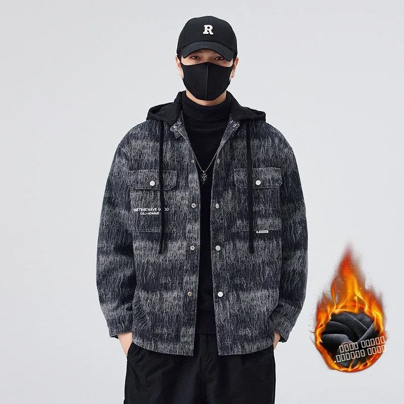 

Высококачественная модная утепленная джинсовая куртка в ретро-клетку с флисовой подкладкой для мужчин, осенне-зимняя, новая, трендовая, брендовая, с отложным воротником.