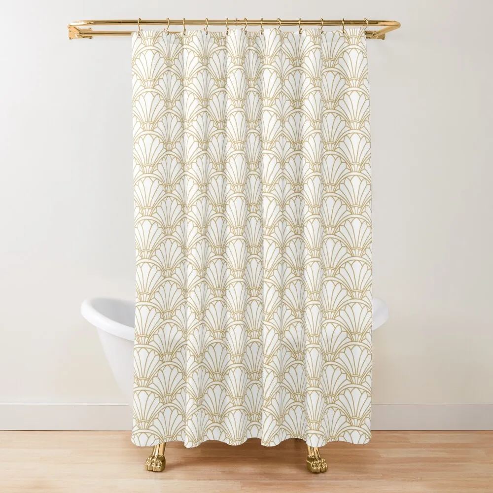 

White and Gold Art Deco Fan Flowers Motif Shower Curtain Cover For Bathrooms With Beautiful Designs Bathroom And Shower Curtain
