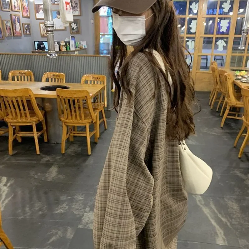 QWEEK Vintage Casual Oversized Women Shirt Plaid Korean Style Basic Cozy Blouse Preppy Long Sleeve Clothing Harajuku 2024 Autumn