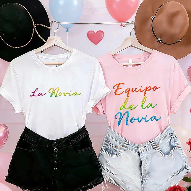 Spanish Bridal Wedding Party T-Shirts Team Bride Tribe Print Tees Short Sleeve Tops for Women Single Farewell Bachelorette Party