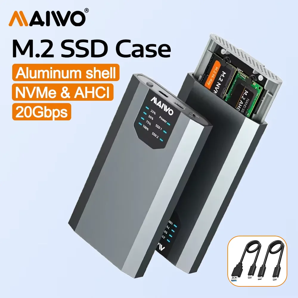 

MAIWO Dual Bay M.2 AHCI/NVMe SSD Case USB 3.2 Gen2x2 Type-C 20Gbps NVMe AHCI ssd Enclosure with Offline Clone & Indicator Light
