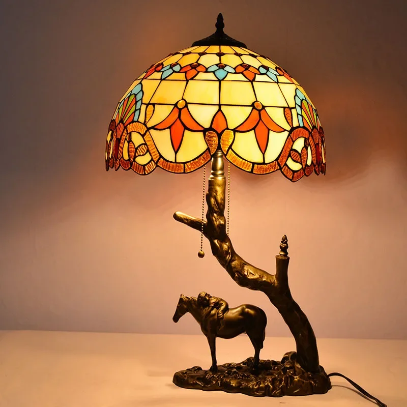 

16Inch 40cm Retro Tiffany Stained Glass Rose Baroque Flower Desk Lamp Antique Table Light with Horse Resin Base Decor Light