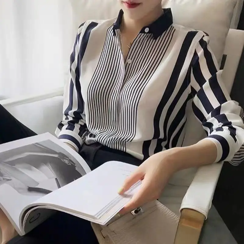 Striped Color Matching Fashion Single-breasted Blouse Women New Long Sleeve Loose Polo Collar Office All-match Lady Shirt 2023