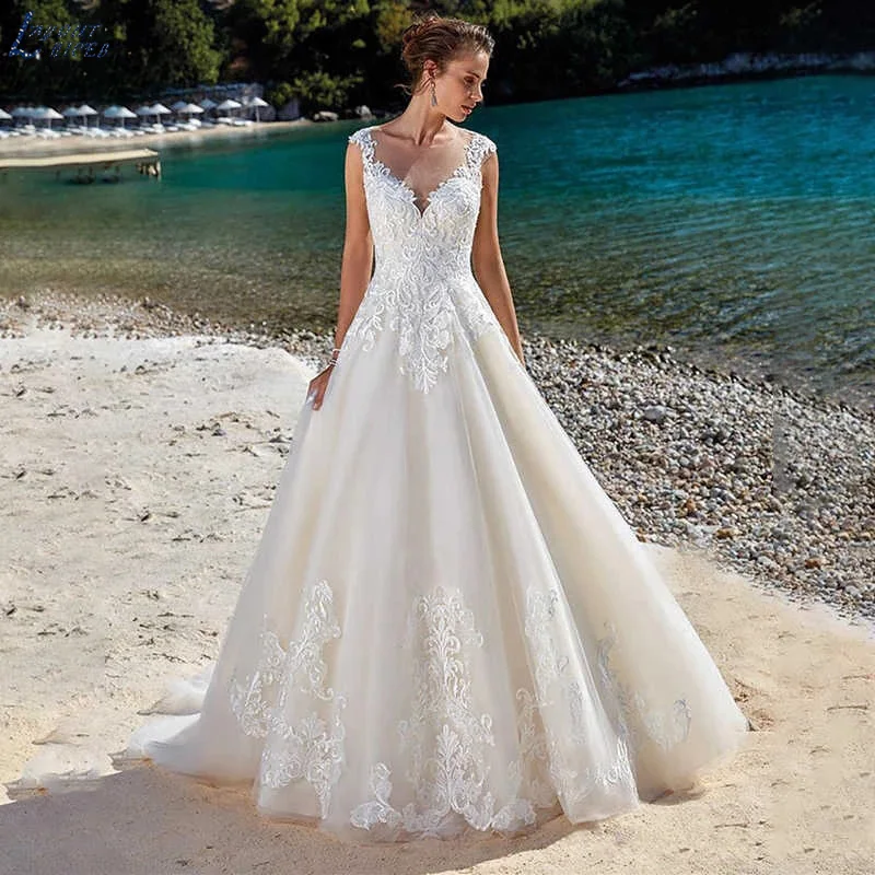 Ilusão tule botão laço vestido de casamento sem mangas apliques praia vestido de noiva robe de mariée bohème varredura trem feito sob encomenda