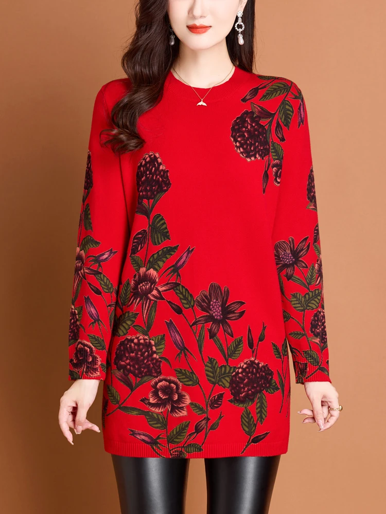 

Floral Print Sweaters Autumn Casual Long Sleeve Top Pullovers Knitwear Jumper Pull Elasticity Slim Sweater Women