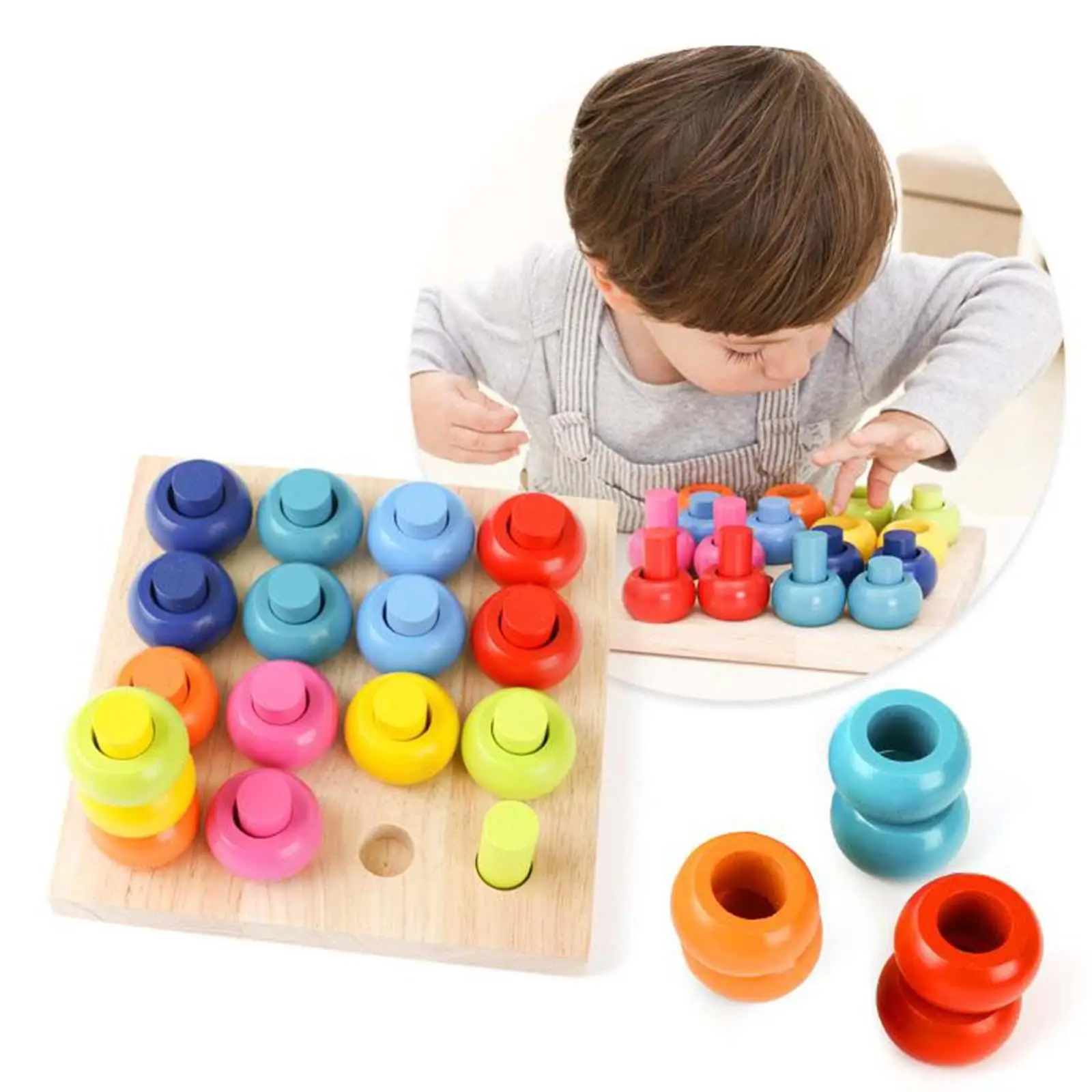 Wood Blocks Sorting Puzzle Sorter Stacker Pegs rings Stacker Baby Toddler