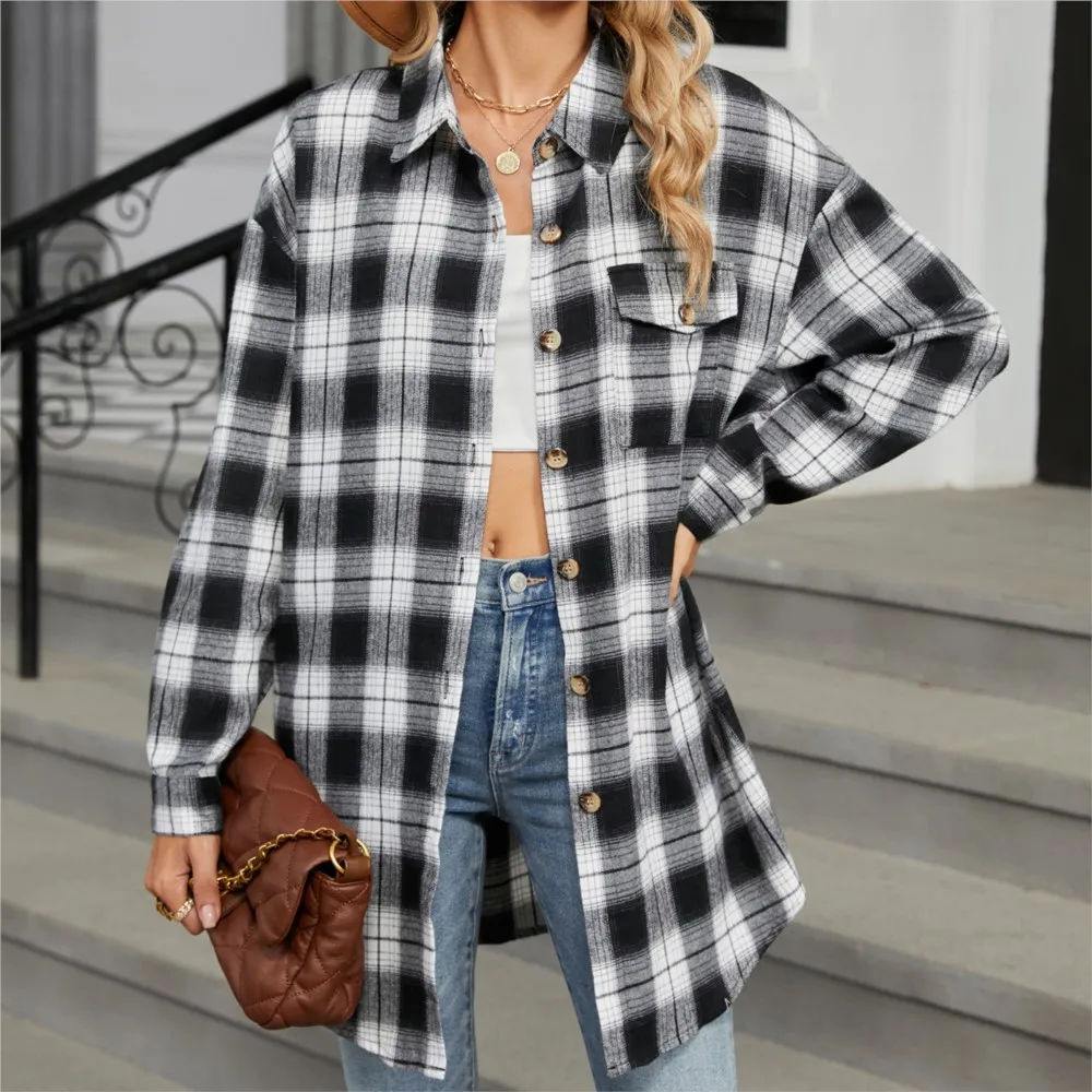 Loose Pocket Patchwork Single Breasted Cardigan Shirt For Women 2024 Autumn/winter Checkered Shirt Brushed Long Sleeved Blouses