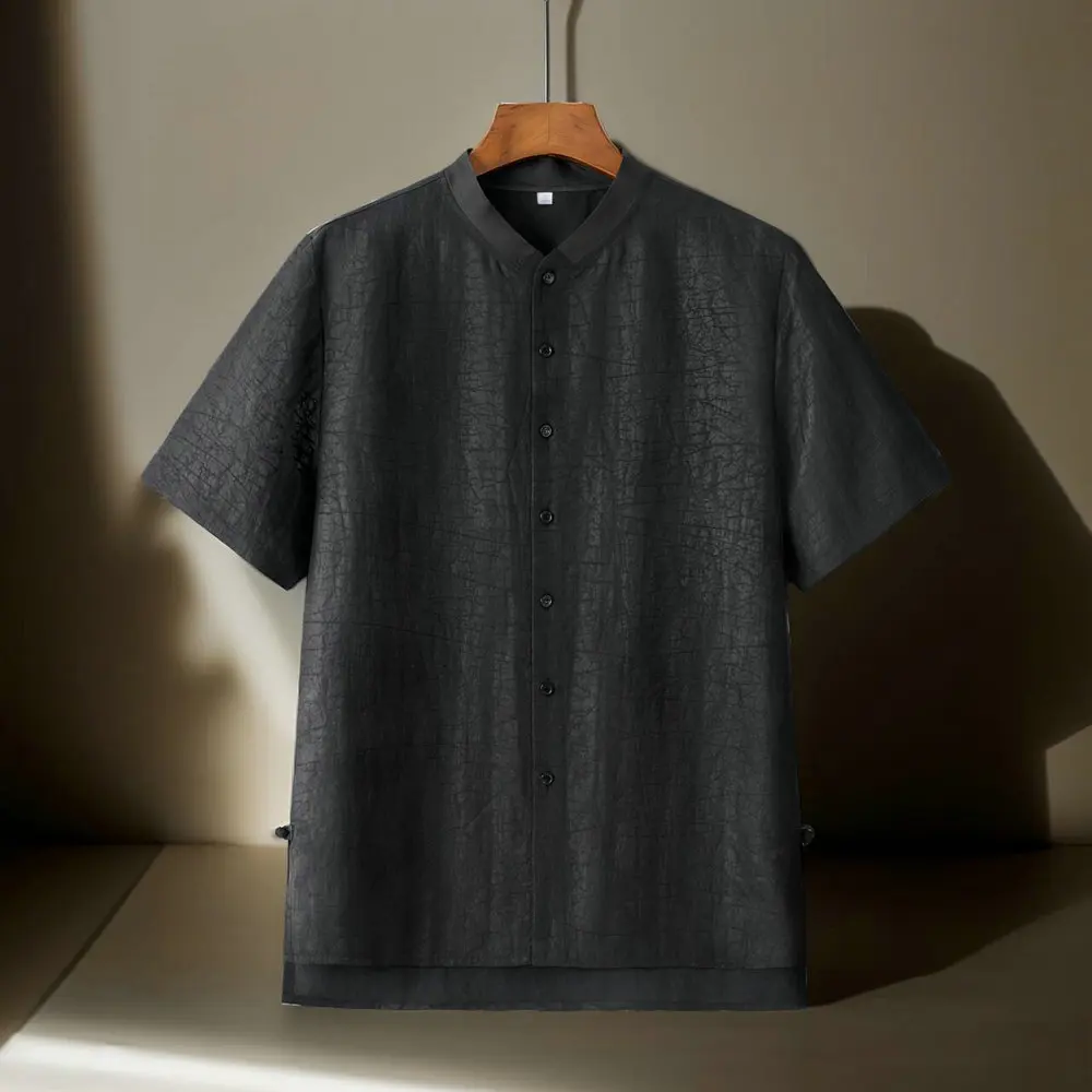 

Noble Heritage Men's Silk Shirt Xiangyunsha Black Tunic Tops Short Sleeve Asymmetric Hem Frog Button Design