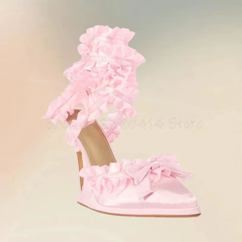 

Pink Silk Ruffles Design Pointed Toe Twine Sandals Slip On Women Shoes Thin High Heels Party Banquet 2025 Zapatos Para Mujere