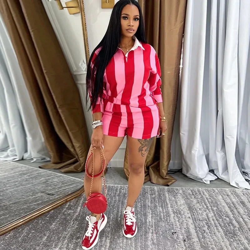 

GUWU Striped Women's Set Full Sleeve Turn-down Collar Polo T-shirt and Shorts Summer Two 2 Piece Sets Outfit Tracksuits