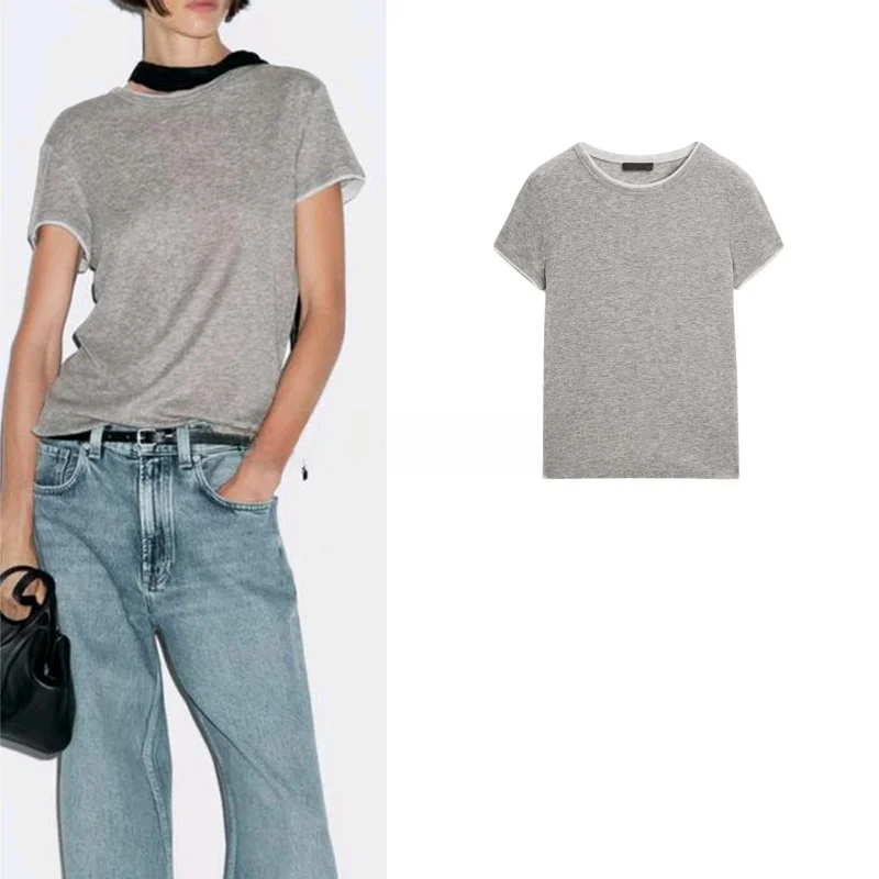 

Повседневная базовая футболка ort Sve round Ne, женский топ, двухцветный, простой, осенний, Новое поступление, женская хлопковая футболка...