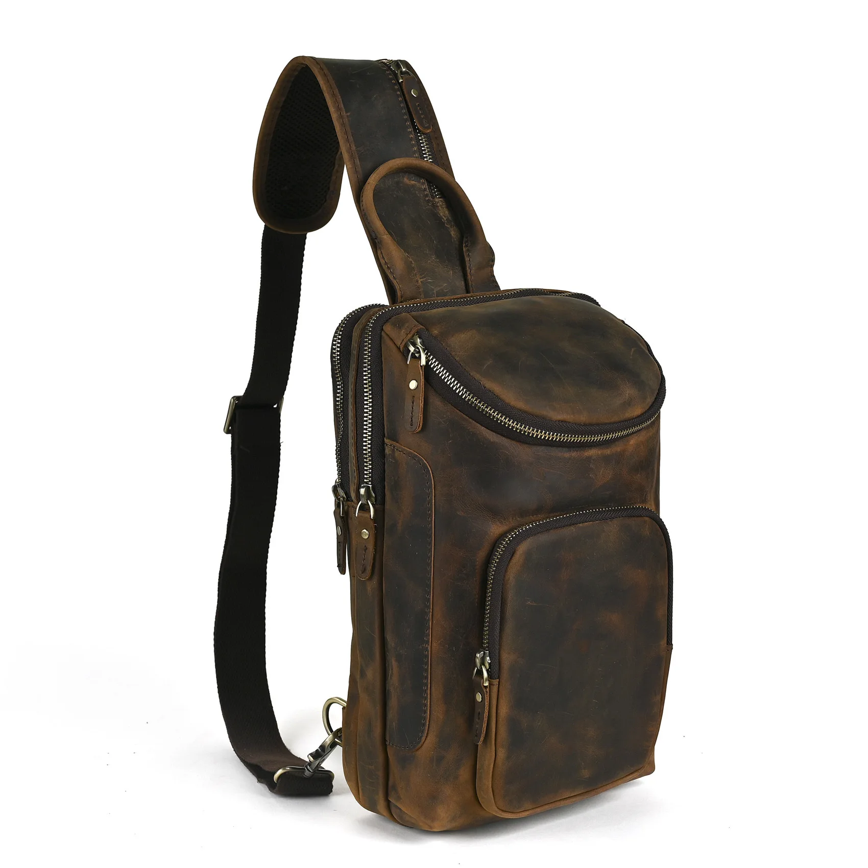 Men Vintage Crazy Horse Leather Chest Bag Crossbody Bag Multi-purpose Outdoor Shoulder Pack Fits 12 InchIn in Stock