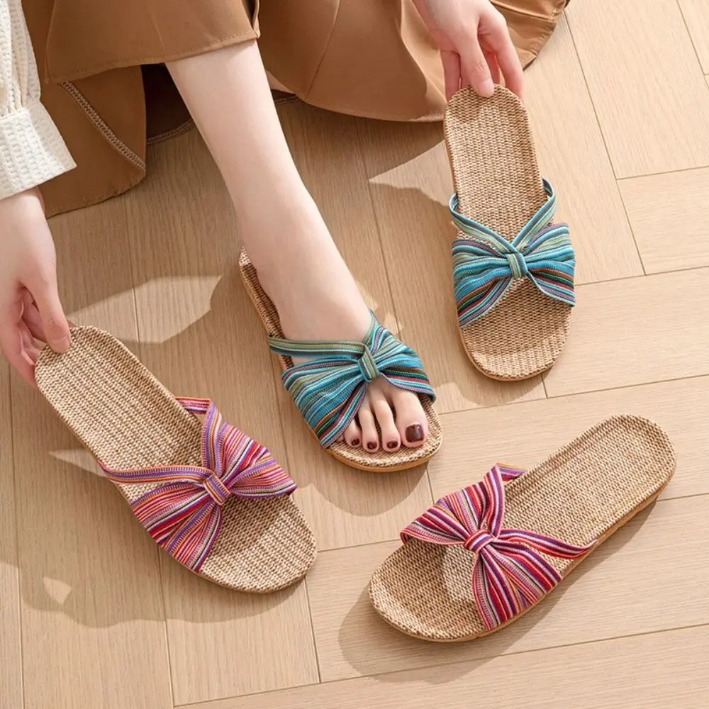 

Модные нескользящие тапочки на плоской подошве с бантом, милые тапочки с цветным поясом для женщин, пляжная обувь на мягкой подошве, шлепанцы, домашние сандалии