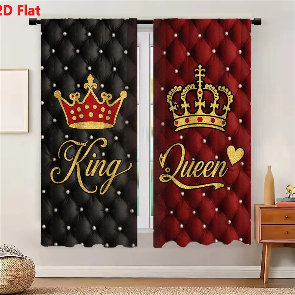 2Pcs Curtains 2D Flat Elegant King Queen Regal Tufted Leather Crown Design Black Red Background Golden Script Heart Window Drape