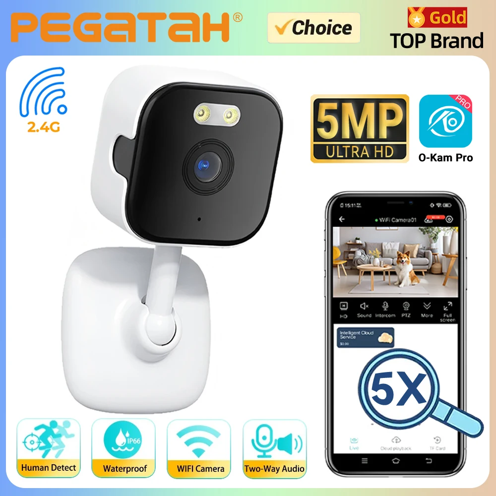 

Мини-камера PEGATAH 5MP Cube WiFi 2.4G с двусторонней аудиосвязью, обнаружением человека, 5-кратным зумом, цветным ночным видением, камера видеонаблюдения O-Kam Pro