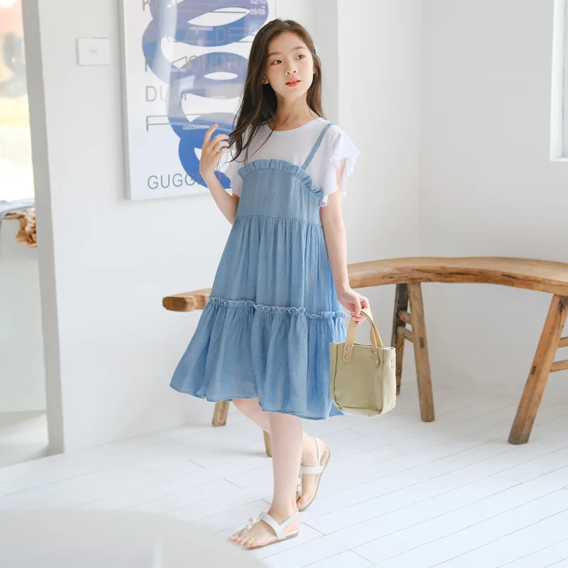 

2024 Summer School Girl Dress Teenager Girl Contrast Color Short Sleeve Dress Pure Cotton Fake Two Piece Dress Kids Dress