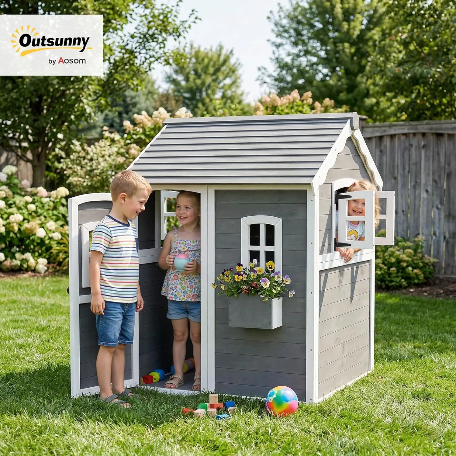 #Wooden Outdoor Playhouse with Floor Door Windows Planter Box for Kids 3-8 Backyard Garden Gray, Customized