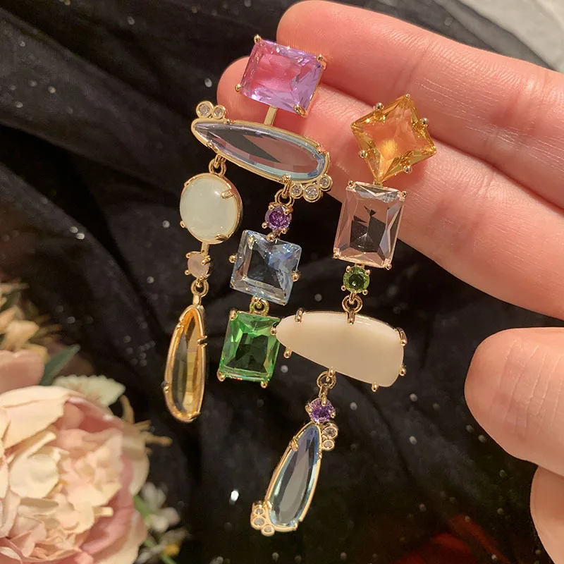 Women Colorful Crystal Earrings S925 Silver Needle Luxury Asymmetric Gradient Transparent Super Sparkling Drops