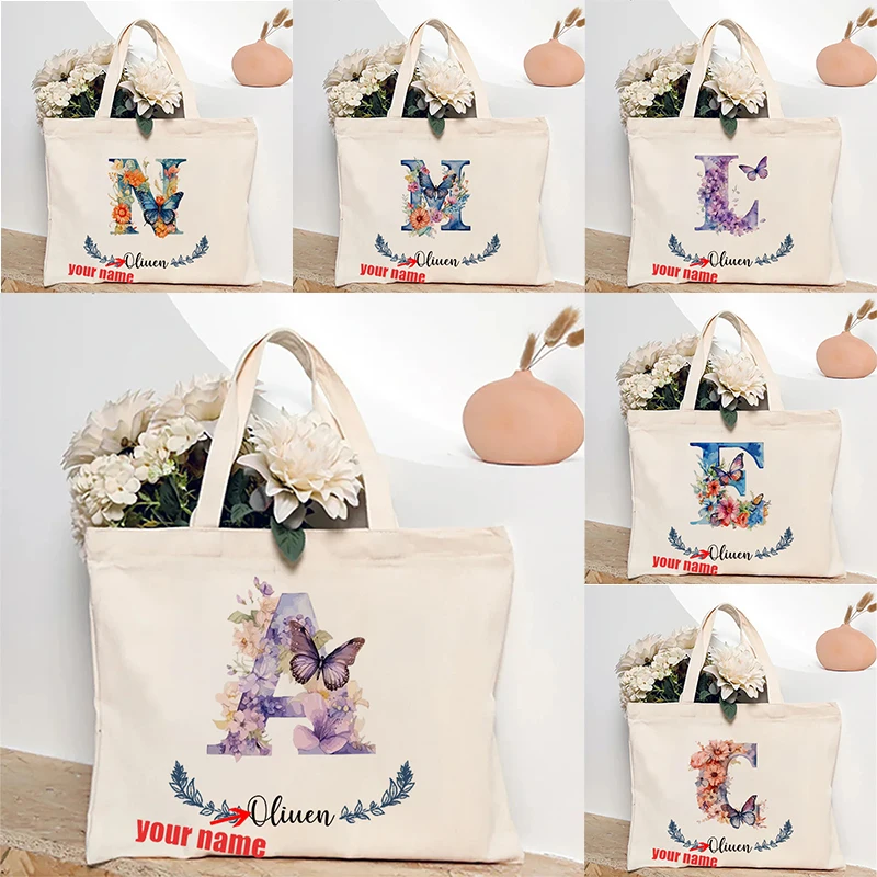 Flower Butterfly Letter Personalized Name Canvas Tote Bag Organizer Romantic Wedding Bridesmaid Party Gift Handbag Shoulder Bags