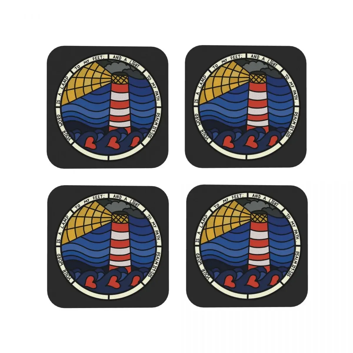 A Lamp To My Feet Stained Glass Lighthouse Bible Verse Coasters Kitchen Placemats up Coffee Mats For Tableware Pads Set of 4