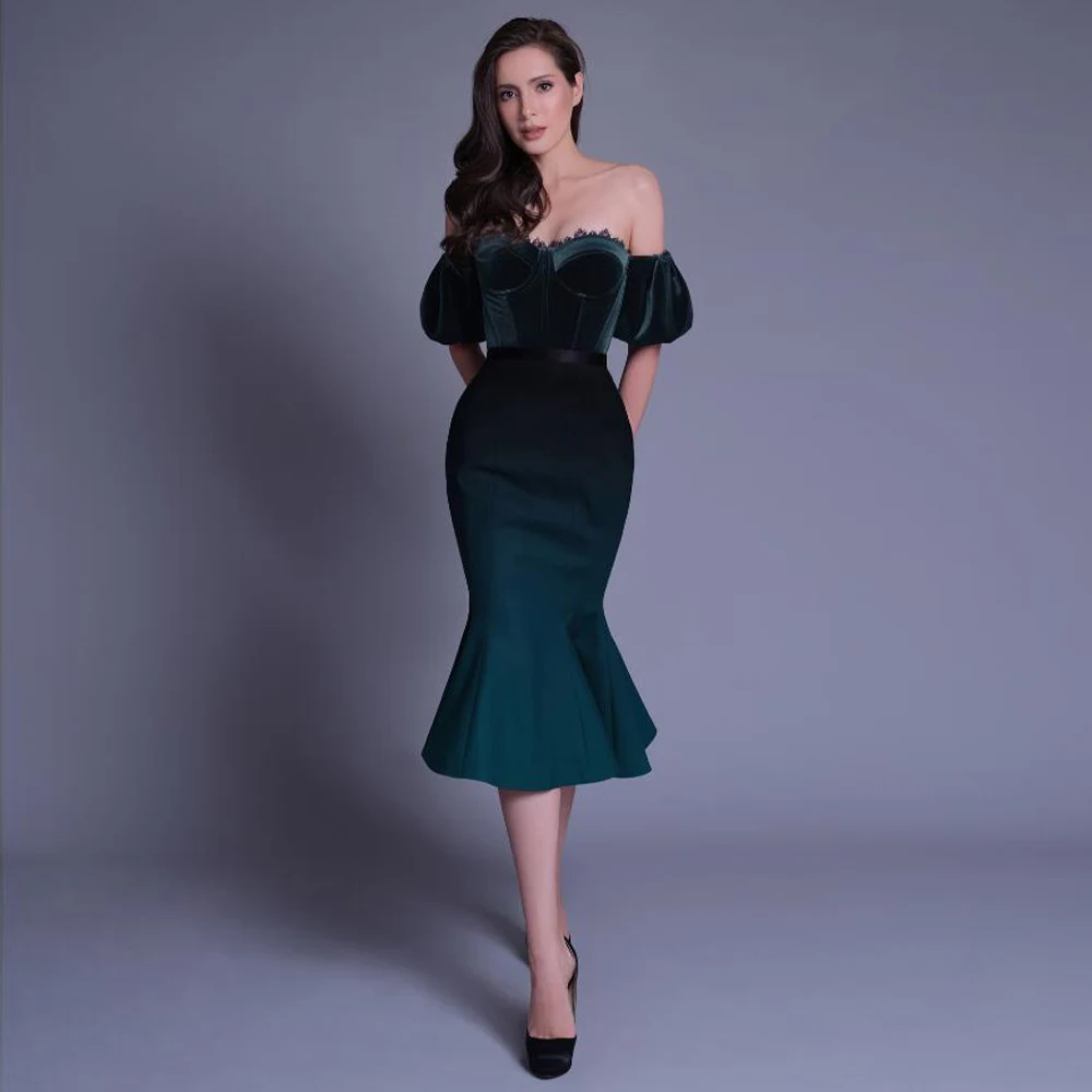 Mermaid Cocktail Dresses for Women Green Velvet Off the Shoulder Short Evening Party Dress Midi Short Puff Sleeves Cocktail Gown