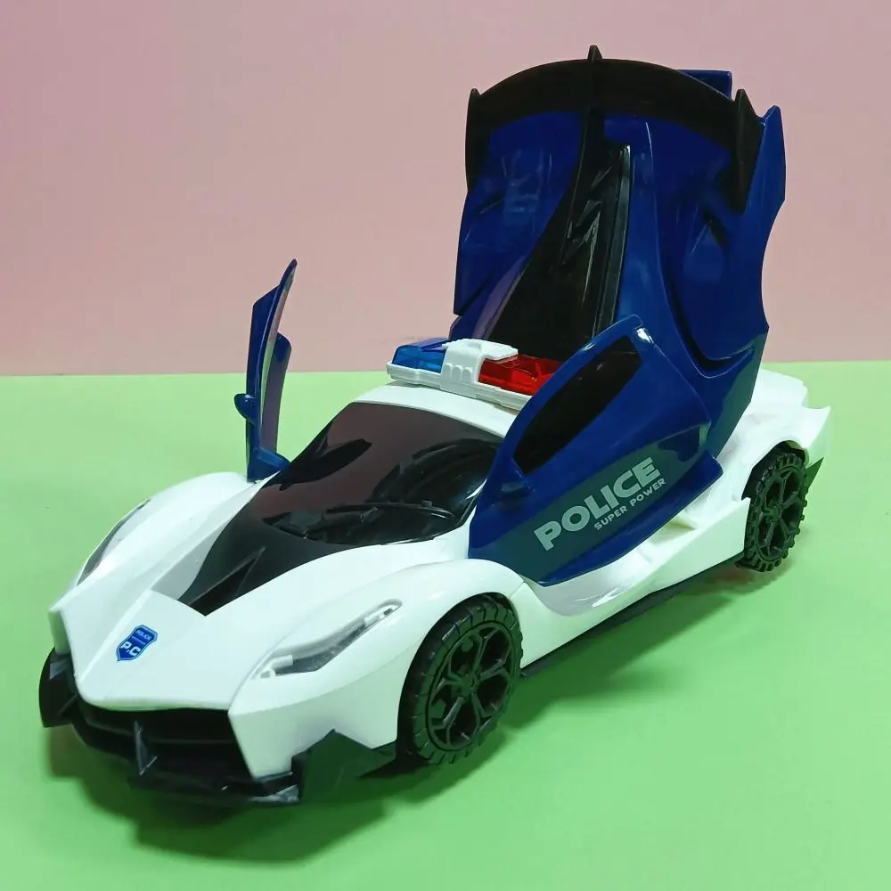 Transformar o veículo 360 °   Brinquedo giratório para carro de polícia, brinquedos sensoriais, som musical, luz LED, carro de polícia, portas que podem ser abertas