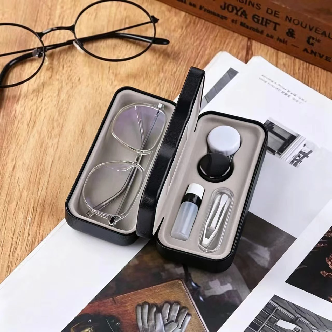 Square Double-layer Eyeglasses Case, PU Leather Portable Pressure-resistant Myopia Glasses & Contact Lens Storage Companion Box