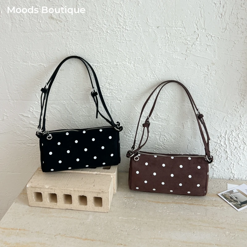 Classic Polka Dots Mini Shoulder Pillow Bags For Women Cylinder Shape Underarm Bag With Pendant Casual Street Commuter Handbags