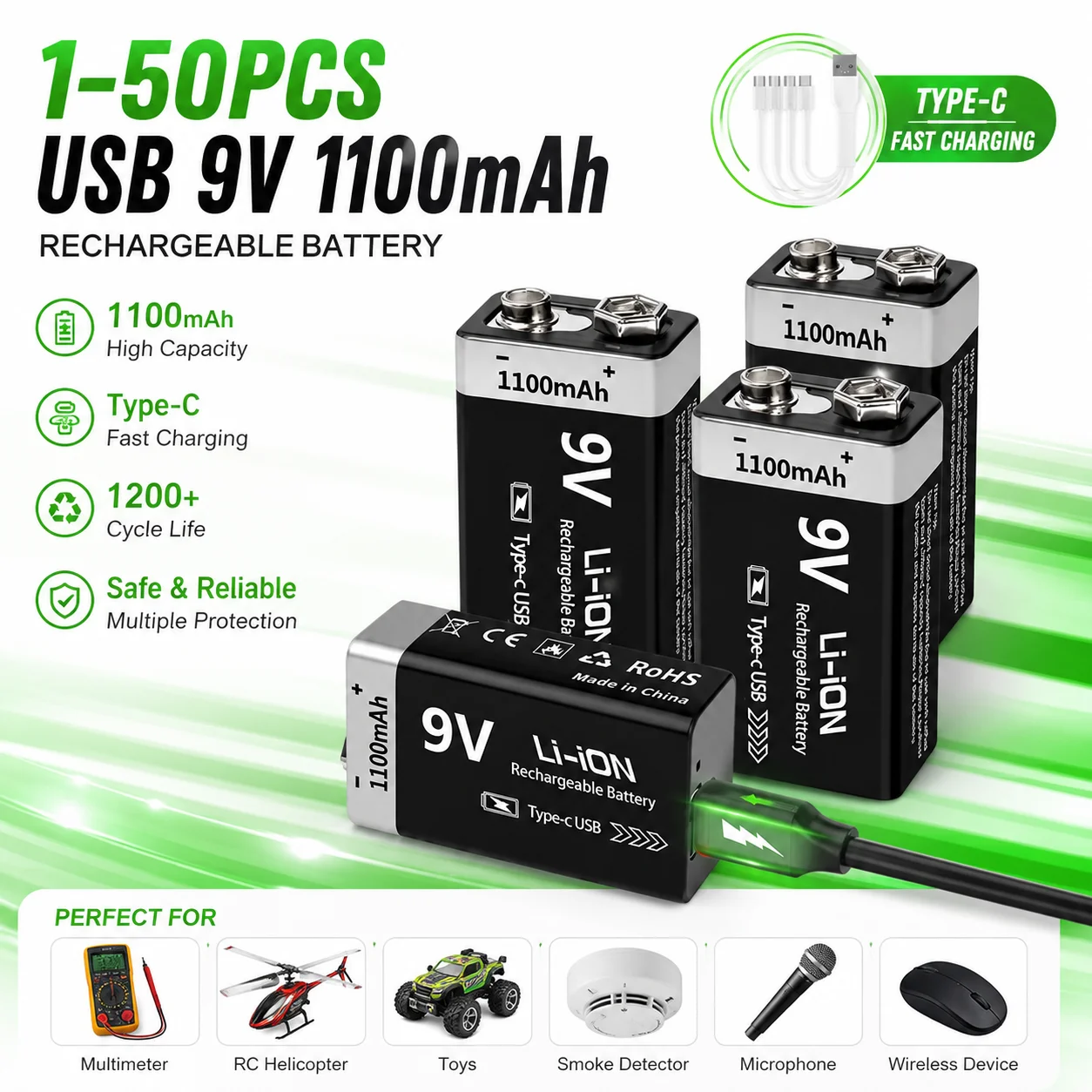 

1-50PCS USB 9V 1100mAh Rechargeable Battery Type-C 6F22 Li-ion Battery for Multimeter RC Helicopter Model Toy