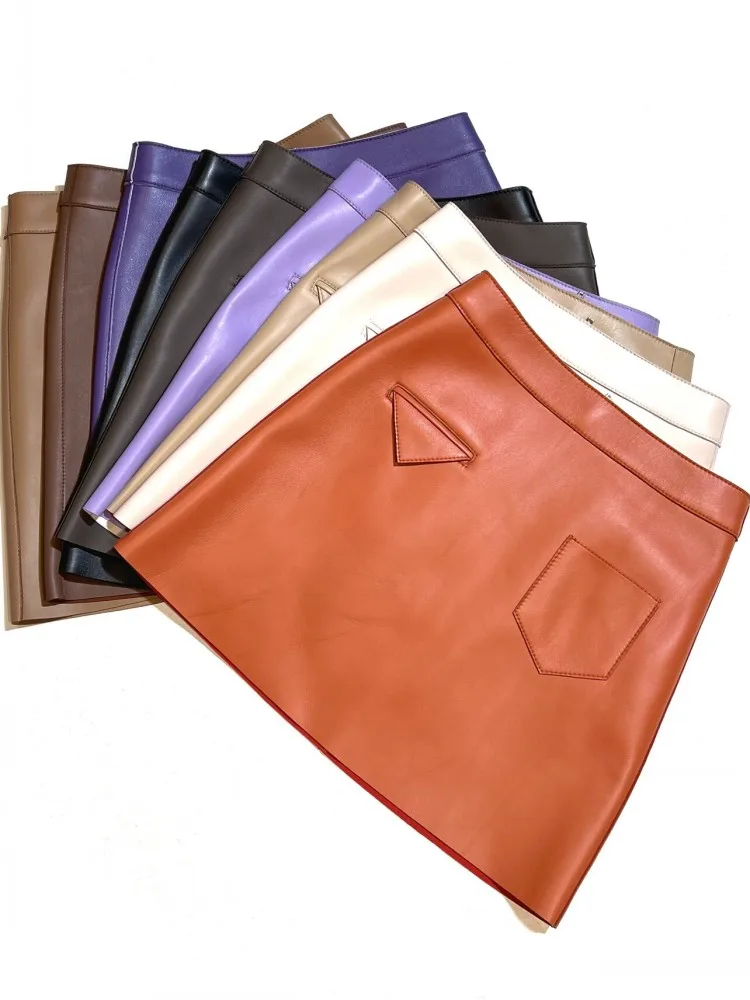 Fashion Solid Color Women Genuine Leather Skirt Back Zipper High Waist Wrap A-Line Skirts Real Sheep Leather Female Short Skirts