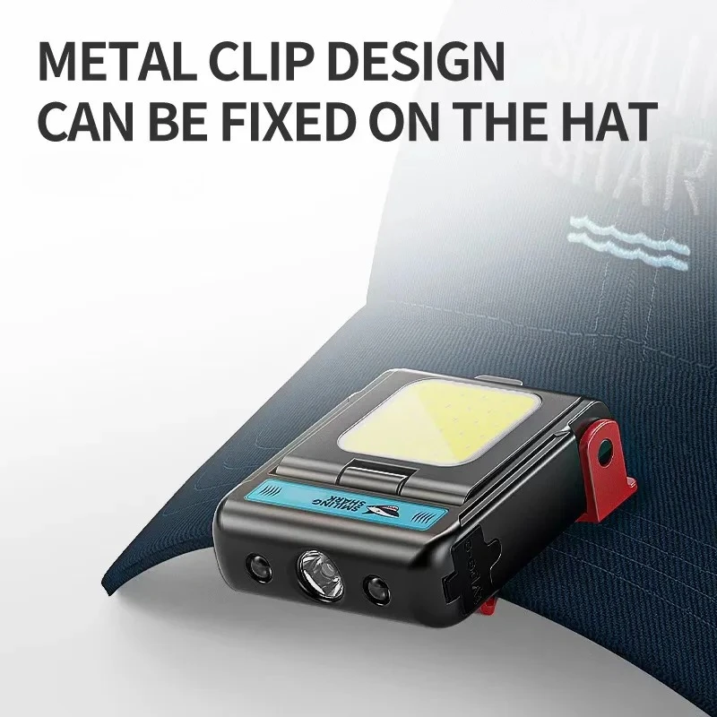 مصباح أمامي بمستشعر حركة لمعدات الإضاءة في حالات الطوارئ، كشاف أمامي LED قابل لإعادة الشحن، مشبك على قبعة، شعلة للمشي لمسافات طويلة والعمل الليلي