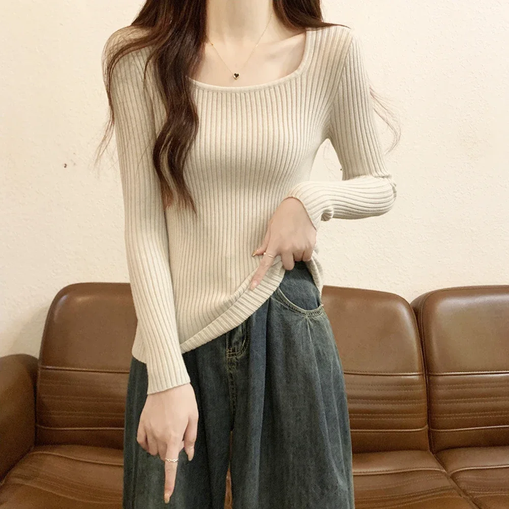 Woman Square Neck T Shirt Sweater Women Black Blue Knitt Blouse Pullover Top Girl S-XL Long Sleeve Slim Stretch Shirt Clothes image 2