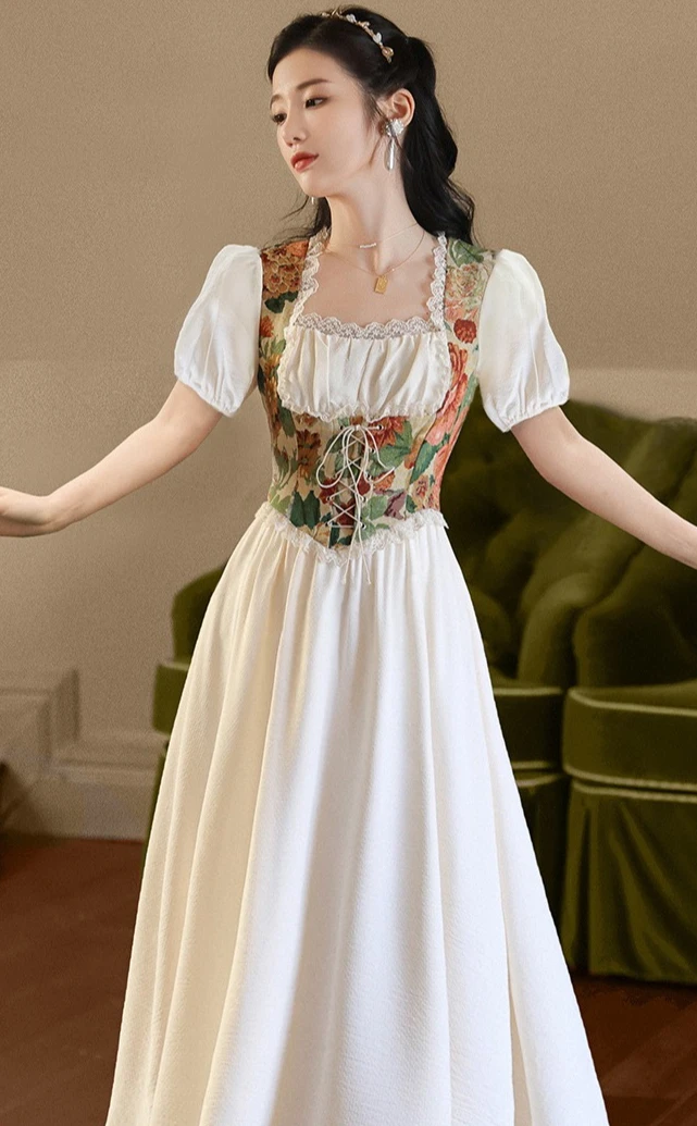 Vintage Victorian Lolita Princess Dress for Woman Retro French Court Jacquard Floral Print Dress Halloween Corset Party Costume