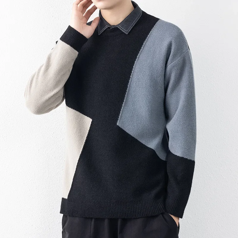 2023 Fake Two Piece Lapel Thickened Sweater Men's Lapel Sweater Business Casual Fashion Knitwear