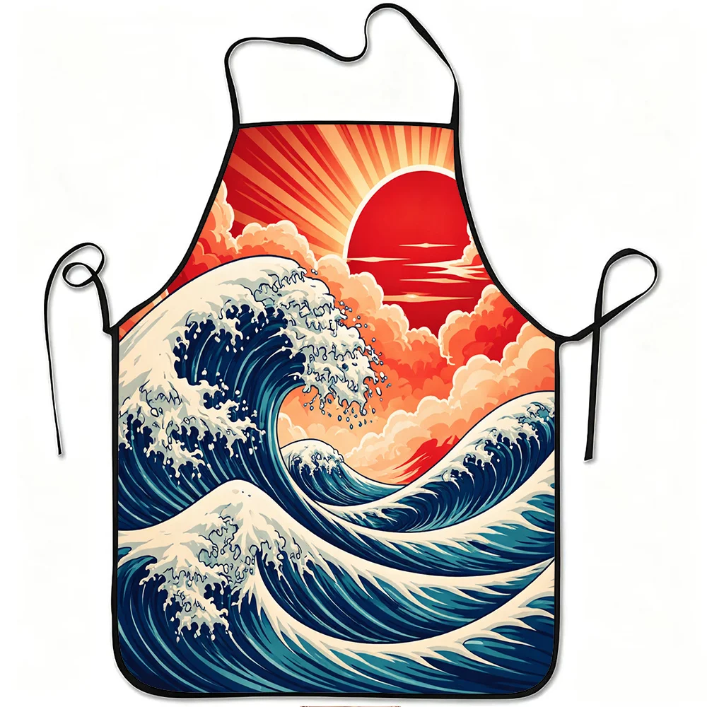1pc Great Wave Red Sun Art Print Apron, Durable And Easy To Clean,, Polyester Material, For Kitchen Cooking, Gardening